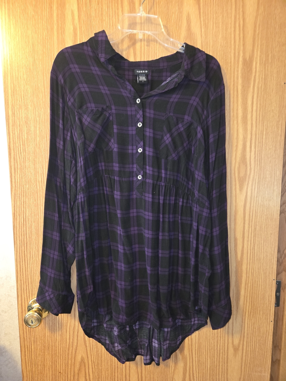 Torrid Purple Plaid Button-Front Womens Tunic Top